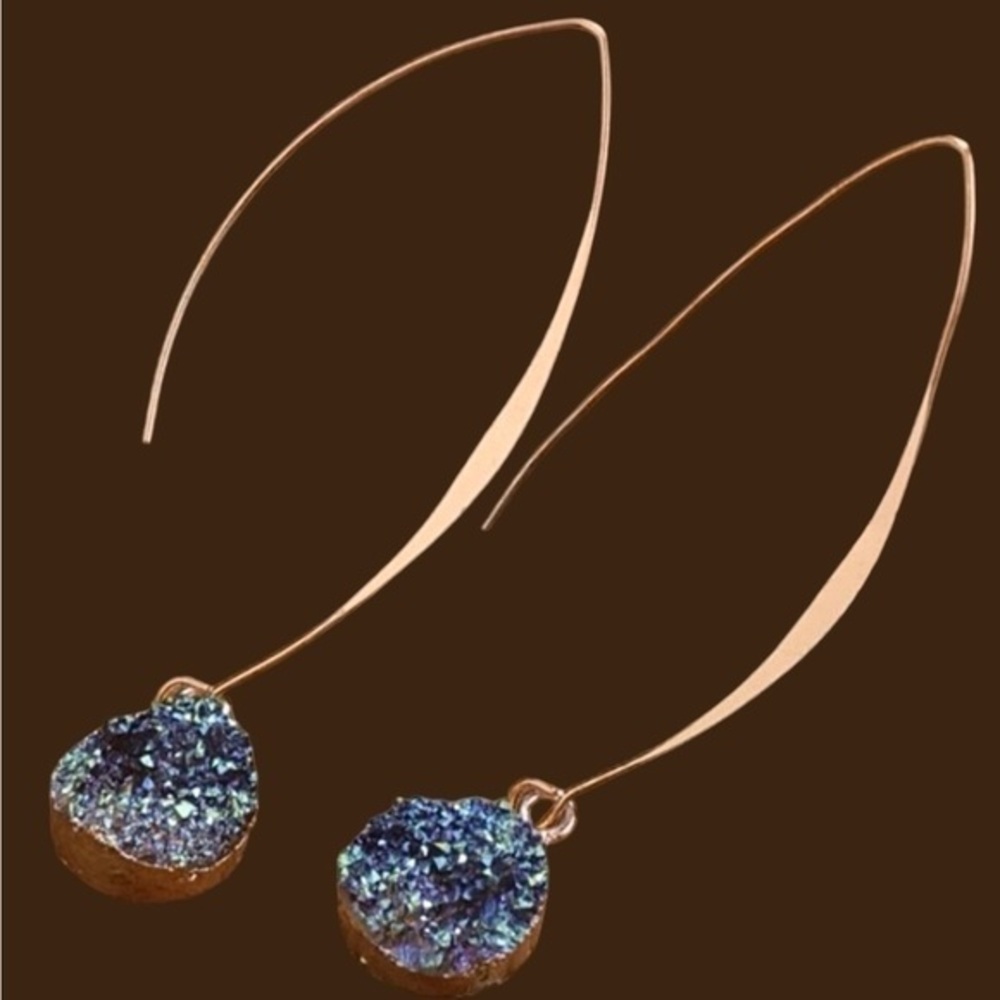 Gold Wire Open Loop Teardrop blue Marbled Druzy Sparkle Dangle Hoop Earrings